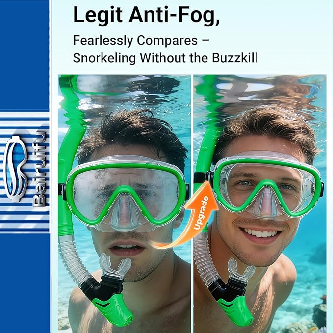 Bairuifu 2-Pack Snorkel Gear for Adults | Enhanced Anti-Fog & Anti-Leak Snorkeling Mask | Breath-Free Dry Snorkel | 180° Panoramic View with Quick-Dry Bags