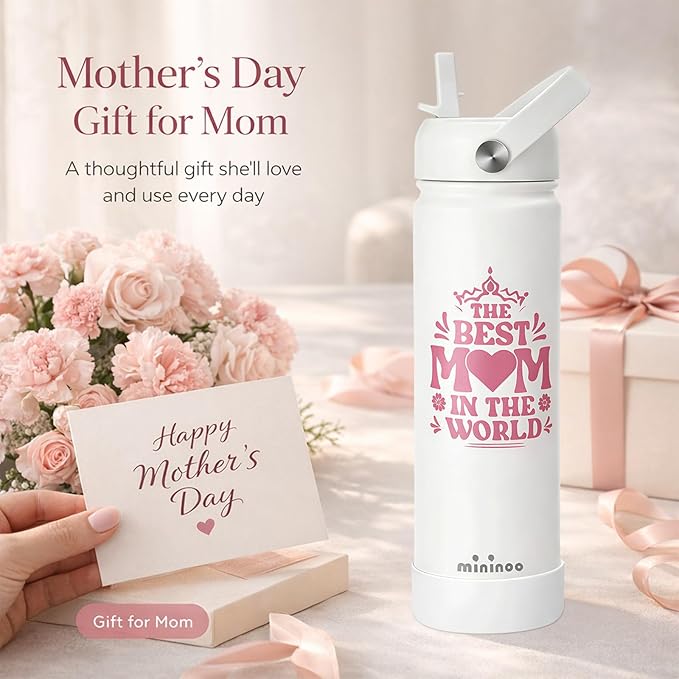 mininoo Mothers Day Gifts for Mom, 24 oz Insulated Stainless Steel Water Bottle with Straw Lid, Fits Cup Holders, Birthday Gifts for Mom