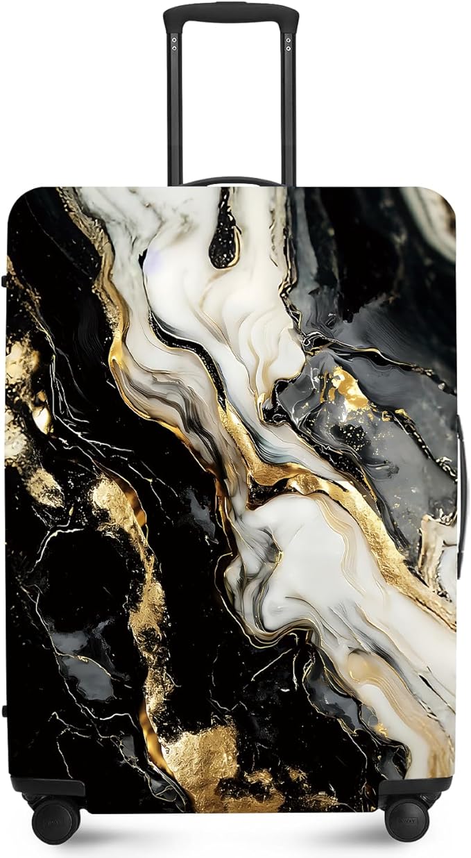 ANNA QUEEN Black White Gold Marble Luggage Cover- Stretchable, Water Resistant & Durable Suitcase Protector, Universal Washable Fit for 28-30 Inch Checked Baggage
