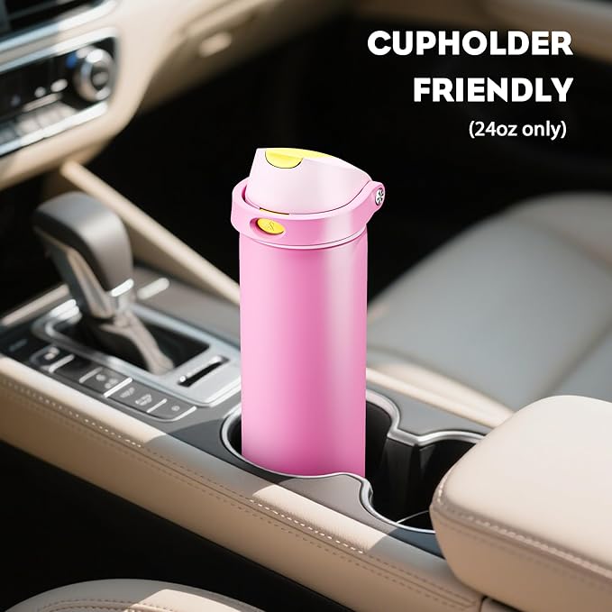 POWCAN 24 oz Steel Water Bottle: 2-in-1 Push-Button Spout & Quick-Flip Straw, Leakproof, Cold 24Hrs, Fits Car Cup Holder, Insulated Cup for Sports, Travel, School, Gift for Women, Girls (Rose Slumber)
