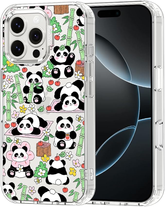 MOSNOVO for iPhone 16 Pro Max Case, Shockproof Military-Grade Protection 6.6ft Drop Tested, Clear Phone Case for iPhone 16 Pro Max, Kawaii Panda Garden Design