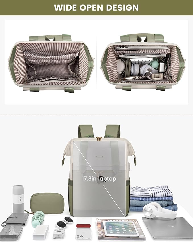 LOVEVOOK 17.3 Inch Laptop Backpack for Women, Large Capacity Travel Backpack with Organizer Bag,Waterproof Carry on Backpack Work Bag with USB Port,Teacher Nurse Backpack Purse,2PCS,Beige-Bean Green