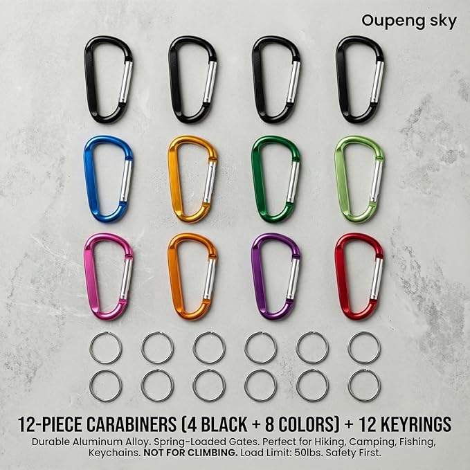 12PCS Carabiner Keychain Clip - 3" Aluminum Caribeener Key Clip,D Ring Shape Nonlocking Carabeaner Hook Buckle,Multi-Function Spring Snap Key Clips Tool for Home,Camping,Hiking,Traveling,Backpack