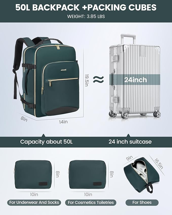 LOVEVOOK Travel Backpack for Women & Men 50L,Airline Approved Carry On Backpack Travel Essentials,TSA Carry on Luggage,Waterproof Personal Item Travel Bag,Suitcase with 3 Packing Cube,Dark green-Black
