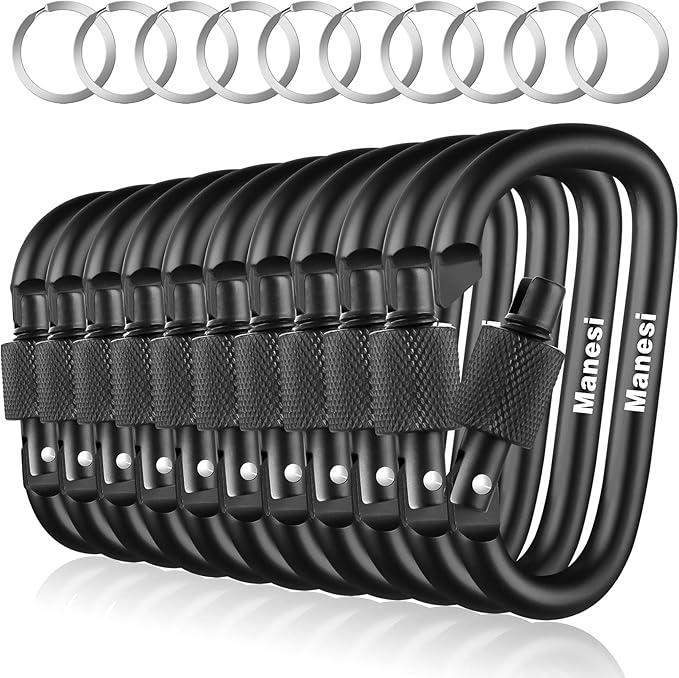 10 Pack Aluminum D Ring Key Rings Clips Locking Carabiner for Camping Fishing and Outdoor Use，Clips with Screw Gate Multicolored