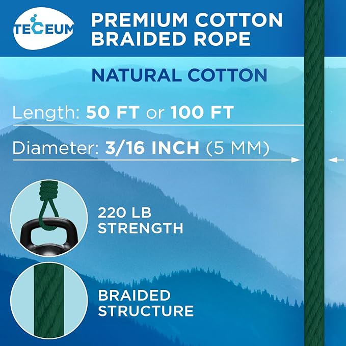 TECEUM Cotton Rope 3/16” (5 mm) – 100 FT – Strong All-Purpose Braided Rope – Natural Cotton – for Crafting, Сamping, Clothes Line, DIY, Indoor & Outdoor Use – Dark Green