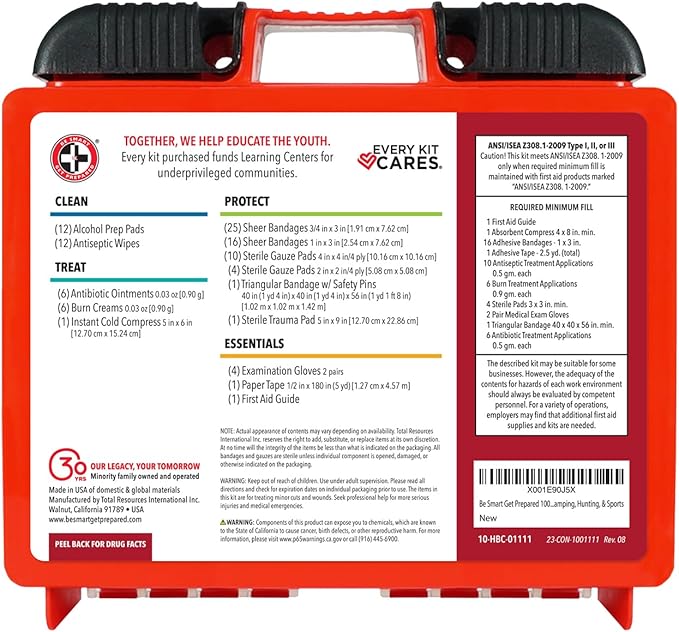 Be Smart Get Prepared OSHA/ANSI First Aid Kit - 10 Person, 100 Pieces - Designed for Home, Business, School, Industrial, and Restaurants - Compact & Portable