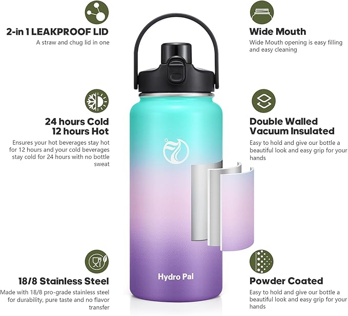 64oz Half Gallon Insulated Water Bottle with 2-in-1 Lid (Chug & Straw), Double Walled Vacuum Stainless Steel Water Bottles, Wide Mouth Leakproof Insulated Jug with Straw