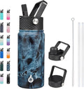BJPKPK Insulated Water Bottles with Straw Lid, 18oz Stainless Steel Metal Water Bottle, Cold Hot Thermo with 3 Lids, Leak Proof BPA Free Travel Cup, Wide Mouth Flasks, Thermo-Ocean