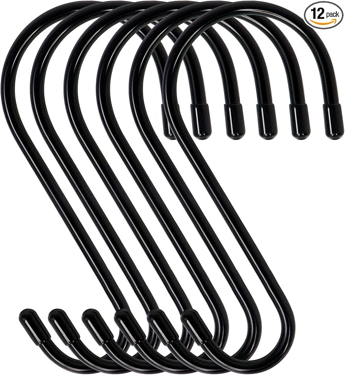 DINGEE 6 Pack Large S Hooks, Rubber Coated, Heavy Duty Non Slip, Black Vinyl Coated Closet S Hooks for Hanging Plants, Jeans, Pot, Pan, Garden, Bird Feeders