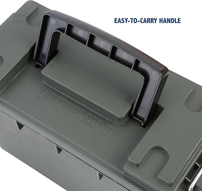 Sheffield 12626 Ammo Storage Box, Stackable .30 Cal Field Boxes, Water and Dust Resistant, Lockable Storage Box with Handle, Secures Hunting Gear, Supplies, and Bullets, Made in USA, Green(Pack of 6)