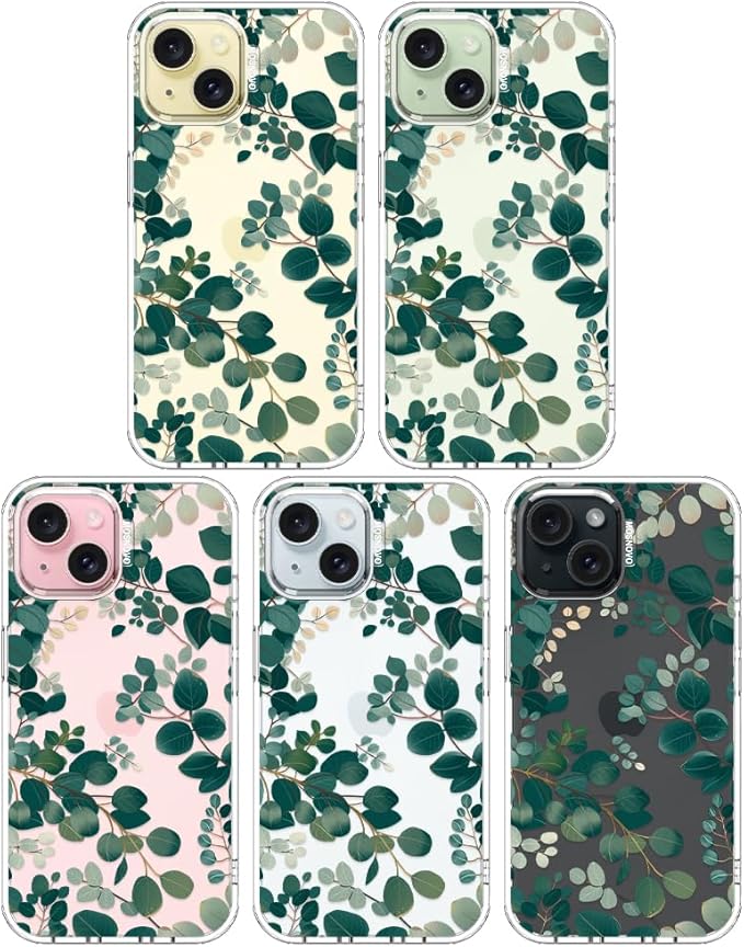 MOSNOVO Case for iPhone 15, [Buffertech 6.6ft Military-Grade Drop Protection] [Anti Peel Off Tech] Clear TPU Bumper Phone Case Cover Design - Eucalyptus