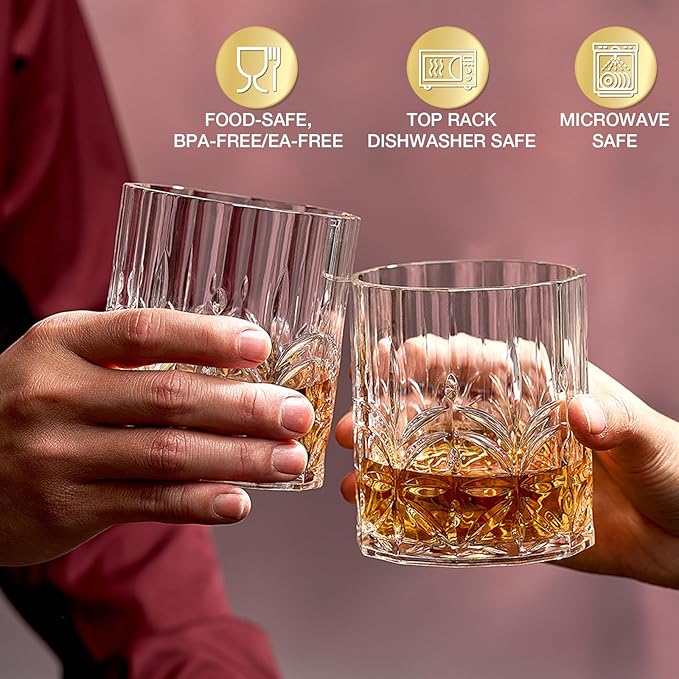 Hlukana Unbreakable Plastic Whiskey Glasses Set of 6, 14 Oz Old Fashioned Glasses for Scotch Cocktail Rum Bourbon Vodka Liquor, Unique Gifts for Men, Reusable, Clear, BPA-free, Dishwasher Safe