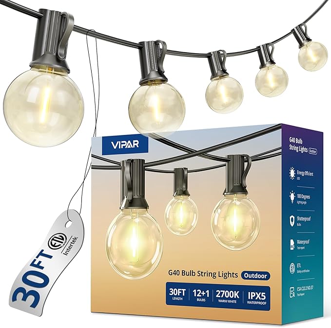 VIPAR Outdoor String Lights, 30FT 13 G40 Bulbs Patio Lights Outdoor Waterproof, Shatterproof Connectable LED Outside Hanging Light for Balcony, Backyard, Porch, Garden, Deck, Bistro, 2700K Dimmable