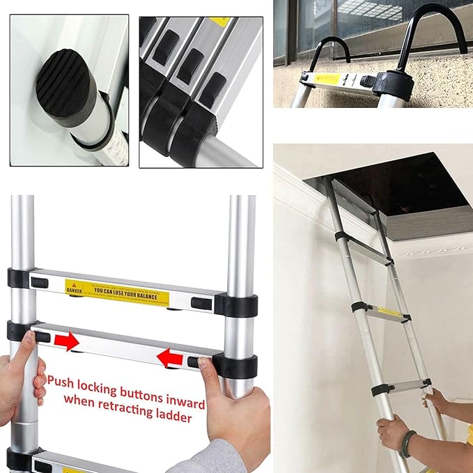 Extension Ladder 20.34 FT Telescoping Ladder with 2 Detachable Hooks & Rubber Feet Aluminum Multi-Purpose Extend Folding Step Ladders Extendable Loft Ladder 330lbs Capacity for Household Daily 6.2M