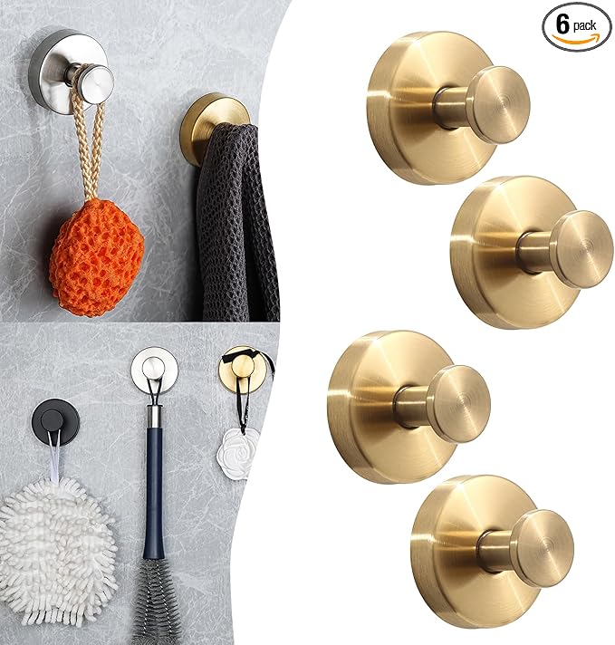4 Pack Gold Stainless Steel Suction Cup Hooks, Up to 15 LBS, No Drill, Multi-Purpose for Bathroom, Kitchen, Shower, Front Door