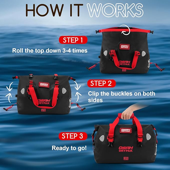 OSAH DRYPAK Waterproof Duffel Bag - Motorcycle Dry Bag Tail Bag with Large Storage Space, Waterproof Luggage Duffle Bags with Outer Mesh Zipper Pocket for Camping, Kayaking, Fishing & Traveling