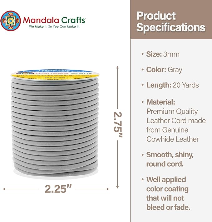 Mandala Crafts Round Cowhide Genuine Gray Leather Cord for Jewelry Making Kumihimo Leather Rope Spool - Gray String Lace - 20 Yds 3mm Cording