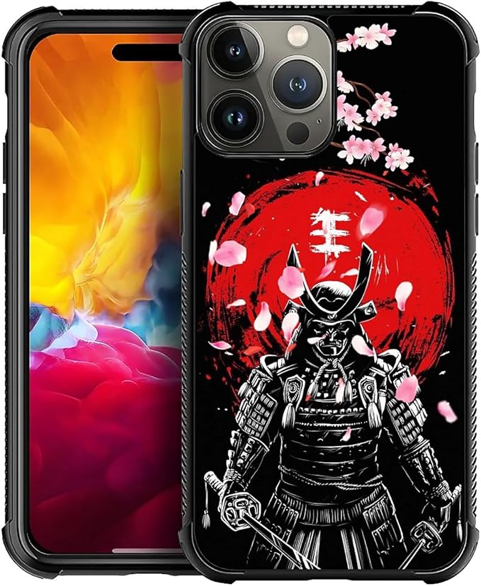 for iPhone 15 Pro Max Case, Sakura Japanese Samurai Pattern Graphic Design Girl Boy Soft Silicone Hard Acrylic Shock Protection for iPhone 15 Pro Max