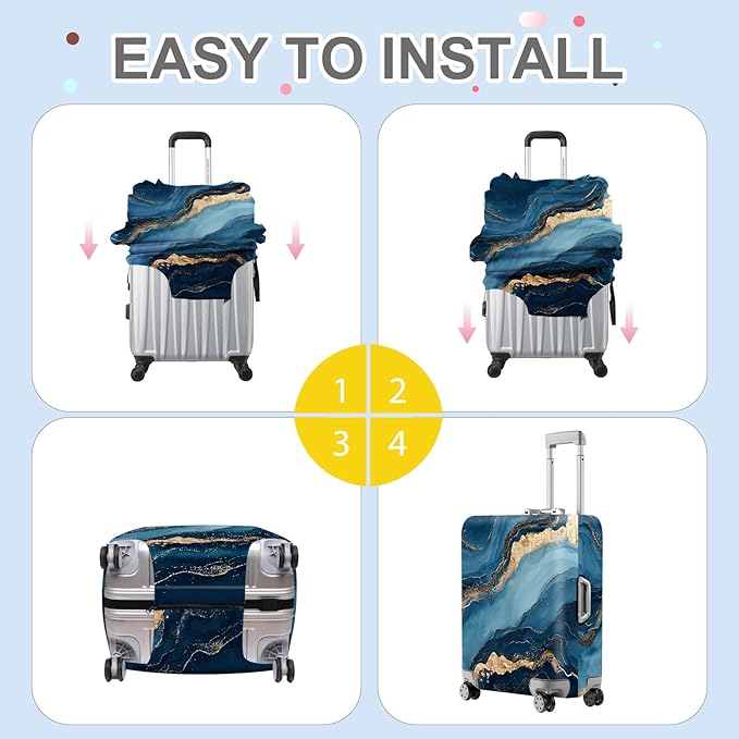 ANNA QUEEN Blue Marble Luggage Cover, Modern Gold Vein Abstract Design Suitcase Protector, Washable Stretchable Travel Sleeve for 32-34 Inch Luggage