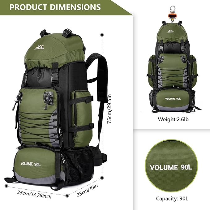 90L Hiking Backpack, Waterproof Camping Bag with Rain Cover, Lightweight Backpacking Back Pack