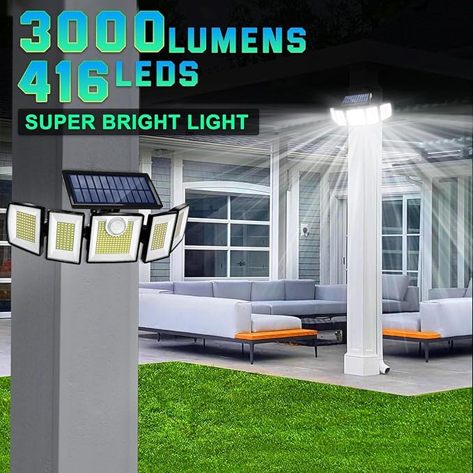 Solar Lights Outdoor Waterproof Motion Sensor - 416 LEDs 3000 Lumens Super Bright 3 Brightness 3 Modes 2400mAh 360° Illumination 32ft Solar Flood Security Light for Outside (‎With Remote Control, 4)