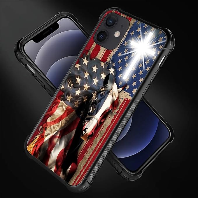 for iPhone 11 Case, Red American Flag Horse Cross Pattern Graphic Design Girl Boy Soft Silicone Hard Acrylic Shock Protection for iPhone 11