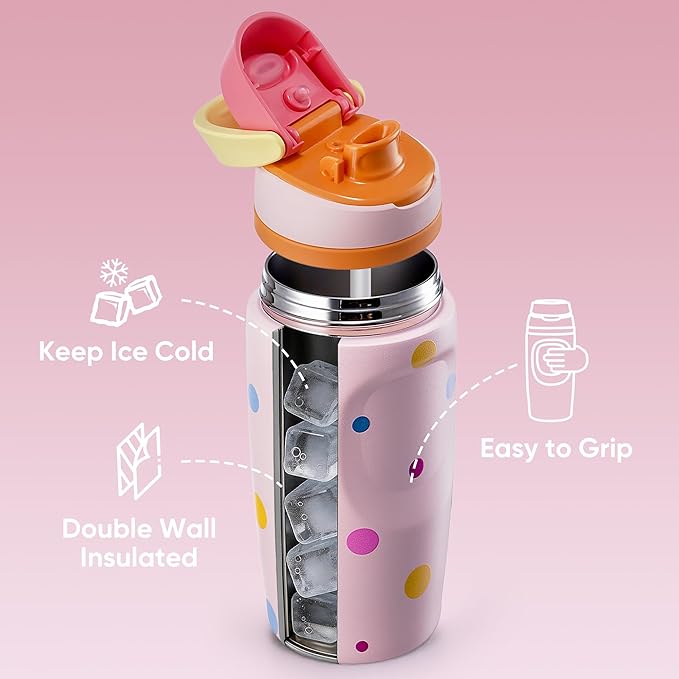 Fijinhom 16 oz Insulated Water Bottle,Stainless Steel Sports Water Bottle with Straw, Double Wall Vacuum Leak Proof, Cold for 24 Hours, BPA Free for Travel, Sport, Outdoor, Polka dot