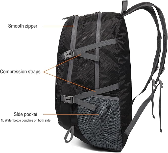 Packable Lightweight Backpack 40L, Ripstop Nylon Foldable Traveling Daypack, Collapsible Hiking Backpack For Outdoor(Black)