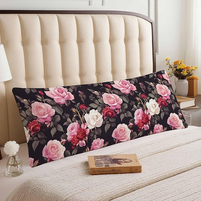 Outdoor Pillows Body Pillow Cover Rose Lumbar Body Pillow Case Protector Blossom Roses Body Cushion Covers Bed Body Pillowcases for Bedroom Couch Sofa 20"X54", Red Black