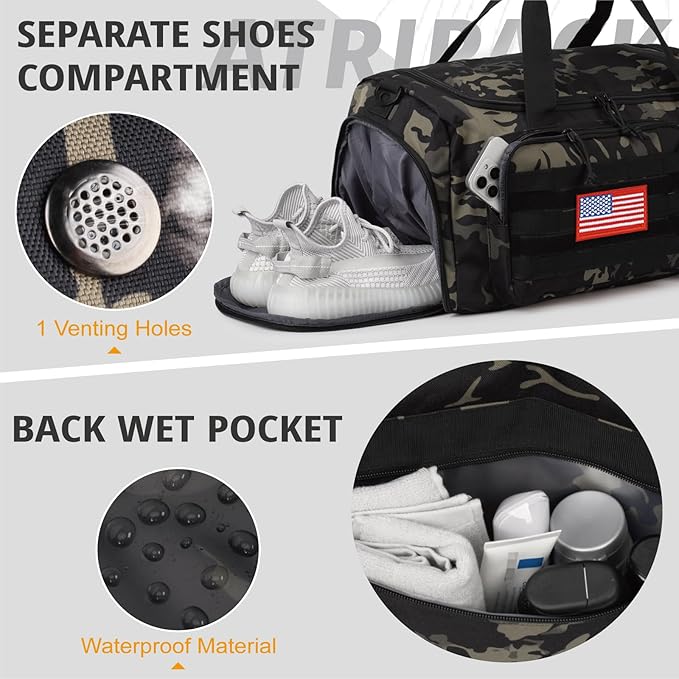 Tactical Gym Bag for Men, 60L Large Capacity Duffle Bags with Shoes Compartment, Sports Bag with wet compartment, Multi-functional Weekend Bags Suitable for Travel, Camping,hiking