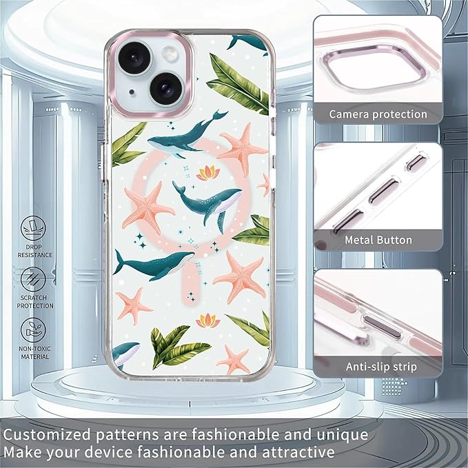 Case for iPhone 13/14,[Compatible with MagSafe],Sealife Whale Ocean Wildlife Clear Phone Case Design，for Women Girls Magnetic Clear Cover - Slim, Sleek, & Shockproof Protection