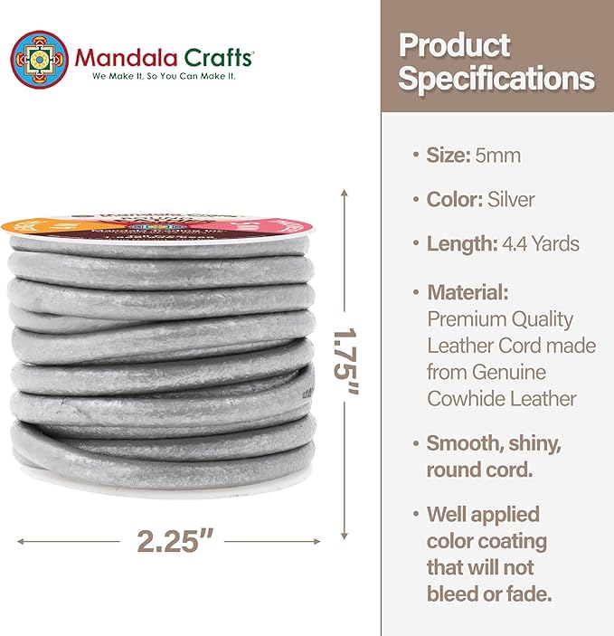 Mandala Crafts Round Genuine Silver Leather Cord for Jewelry Making – 5mm Cowhide Leather Rope String Lace for Kumihimo – 4.4 Yards Cowhide Craft Cording Spool