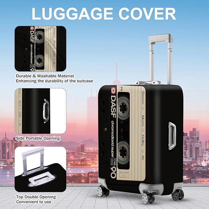 ANNA QUEEN Retro Cassette Tape Luggage Cover, Vintage Music Design Suitcase Protector, Washable Stretchable Travel Sleeve for 28-30 Inch Luggage