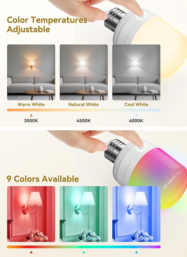 Minetom E26 Rechargeable Light Bulbs with Remote and Timer, Battery Backup Bulb with 12 Colors and Brightness Dimmable, 2300mAh 40W Equivalent LED Light Bulbs for Lamps Sconces Camping, 4 Pack