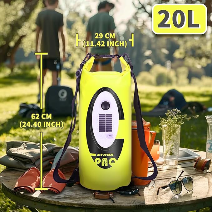 FELICON Solar/Battery Multi-Functional Backpack with Bluetooth Speaker,IP66 Waterproof Dry Bag,Heavy Duty Roll Top Closure,Large Capacity Bag for Camping,Hiking,Traveling (Neon Yellow 20L)