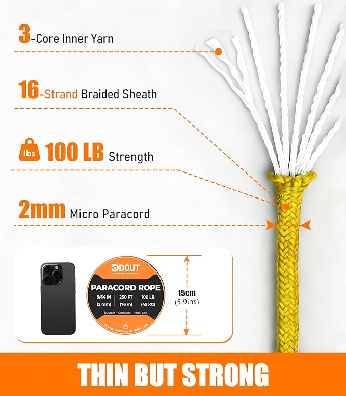 DDOUT 2mm Paracord 100lb, Thin Micro Paracord Rope, Yellow 250FT Nylon Cord for Crafting, DIY Projects, Fishing, Camping & Outdoor