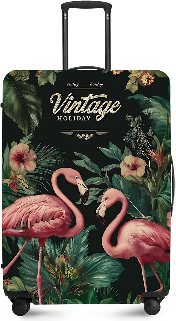 ANNA QUEEN Tropical Pink Flamingos Travel Luggage Cover -Stretchable Airplane Suitcase Protector Sleeve,Universal Washable Fit for 32-34 Inch Checked Baggage,Water Resistant Durable Luggage Protector