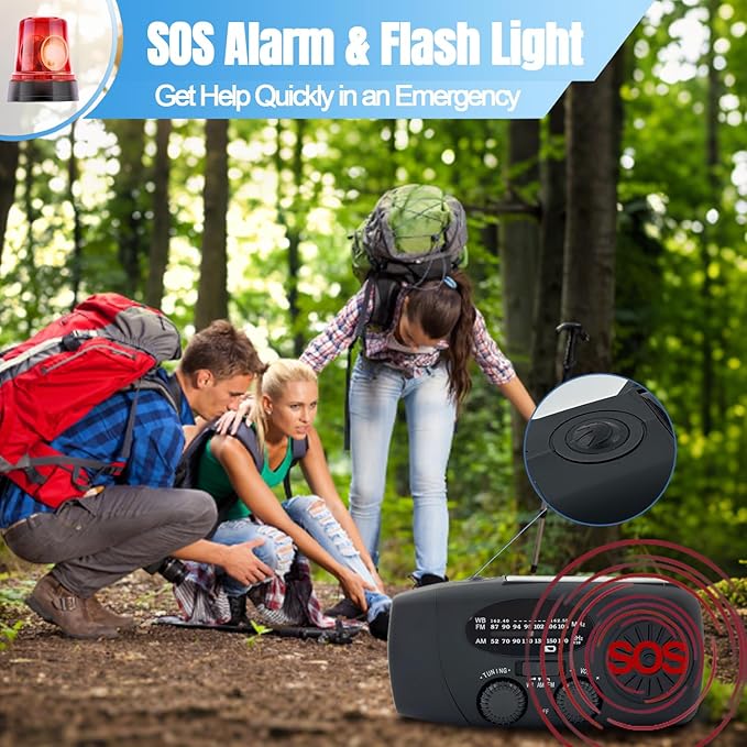 Emergency Hand Crank Weather Radio, AM/FM NOAA Portable Solar Radio with 2000mAh Battery Phone Charger, SOS Alarm & Survival Flashlight for Indoor/Outdoor, Emergency, Hurricane (Black)