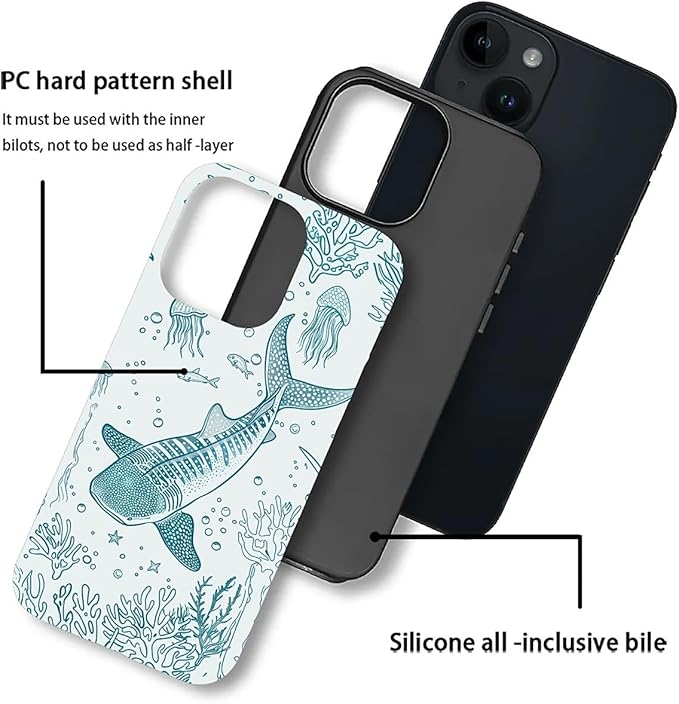 for iPhone 15 Case,HH2 Ocean Whale Shark Hybrid 2 Layer Hard Shell Silicone Protective Pattern Design Case