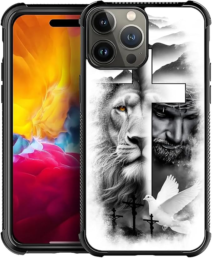 for iPhone 15 Pro Max Case, Lion Cross Jesus Christ Dove Pattern Graphic Design Girl Boy Soft Silicone Hard Acrylic Shock Protection for iPhone 15 Pro Max