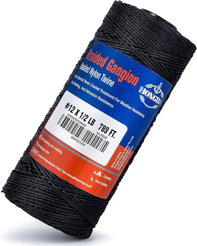 HONGDA Braided Tarred Bank Line Braided Nylon Twine, 789 Feet #12 Bank Line, Black Tarred String 1.2mm for Gardening, Construction, Gear Tying, Jungle Survival, Trotline