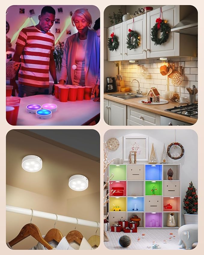 GOODEA.fun Puck Lights with Remote, 13 RGB Colors LED Under Cabinet Light, Rechargeable Battery Operated Under Cabinet Lighting Tap Lights, Stick on Lights with Dimmer and Timer（6 Pack）