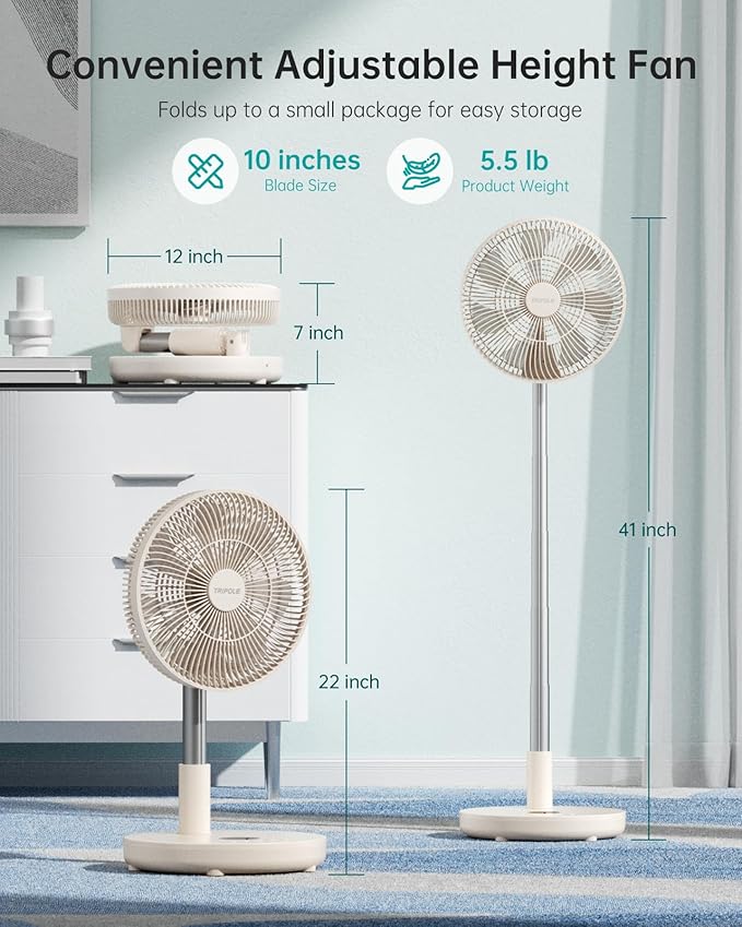 TriPole Foldable Standing Fan 12" Portable Rechargeable Battery Pedestal Fan with Remote, Timer Setting, Height Adjustable, for Home Office, 6 Speed, 12000mAh (Beige)