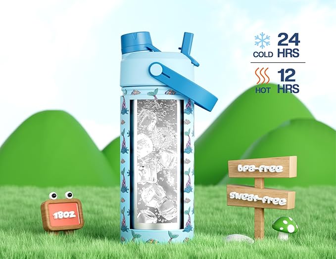 POWCAN 2 Pack 18 oz Insulated Water Bottle for School: Leakproof, 2-in-1 Straw Spout Lid, BPA-Free, Keep Cold 24 Hrs, Stainless Steel Cup for Sports, Travel, Gift (Splash Tails & Starry Mermaid)