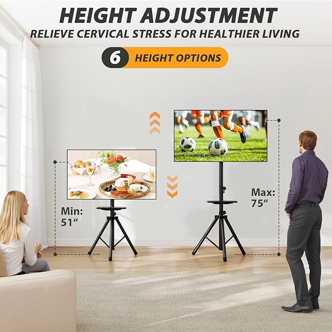 TVON TV Tripod Stand with Shelf for 23-80 inch LED LCD Flat Screen/Curved TVs, Portable TV Stand with ±15° Tilt and Height Adjustment Holds up to 100lbs, Outdoor TV Mount Max VESA 600x400m