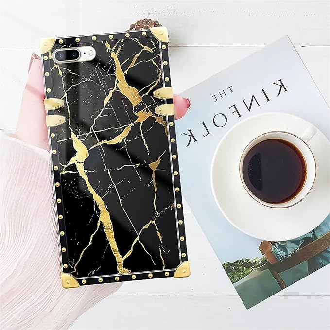 Compatible with iPhone 8 Plus 7 Plus Case, Black Gold Marble Nature Luxury Golden Decoration for Girl Women Soft TPU Shockproof Protective Hard PC Back for iPhone 8 Plus 7 Plus