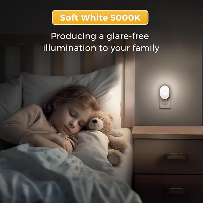 L LOHAS LED Plug in Night Light with Motion Sensor and Dusk to Dawn Sensor,[4-Pack] Night Lights Plug into Wall,5000K Daylight White,30/60/100LM Dimmable Nightlight for Bathroom Hallway