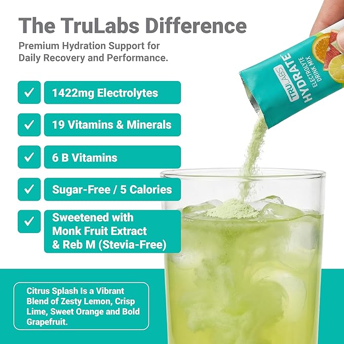 TRULABS Hydrate Electrolyte Drink Mix – Citrus Splash Flavor, Sugar-Free Hydration Packets with 1422 mg Electrolytes & 19 Vitamins & Minerals, Monk Fruit Sweetened, On-the-Go Sticks (16 Count)