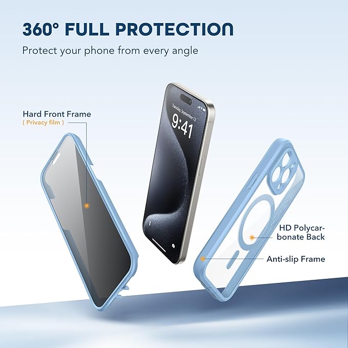 TIESZEN for iPhone 15 Pro Max Case, Compatible with MagSafe, Built-in Privacy Screen Protector and Camera Protection, Anti Spy Full Body Dustproof Shockproof Hard Phone Case 6.7", Sky Blue